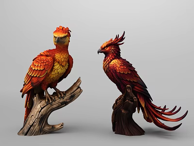 Colorful Bird Statues With Red And Yellow Feathers Perched On Wooden Branches 3d model