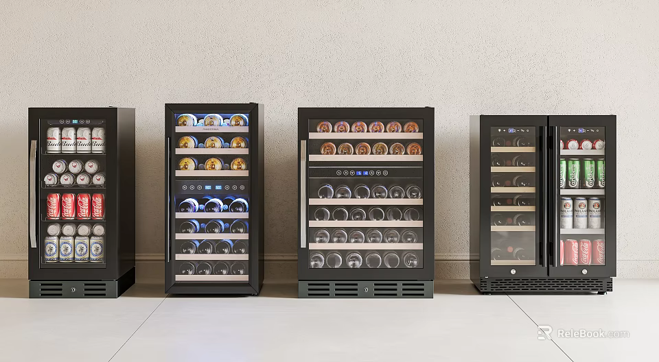Modern Black Wine Coolers Against Wall With Various Styles Glass Doors And Bottles 3d model 