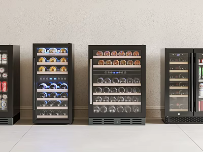 Modern Black Wine Coolers Against Wall With Various Styles Glass Doors And Bottles 3d model