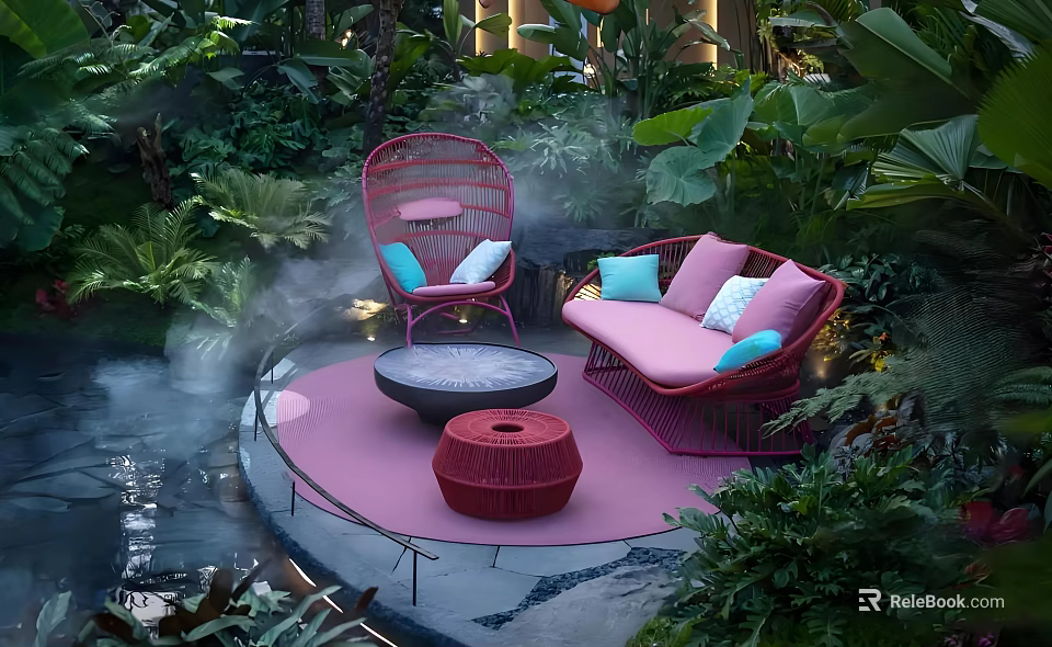 Pink Rattan Outdoor Sofa With Blue Cushions In Tropical Garden With Water Feature And Mist 3d model 