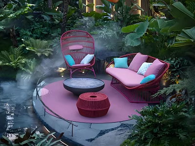 Pink Rattan Outdoor Sofa With Blue Cushions In Tropical Garden With Water Feature And Mist 3d model
