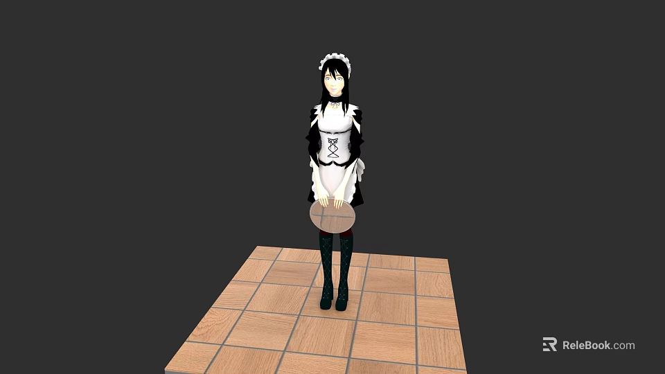 Woman in Black and White Maid Outfit Standing on Square Tiled Platform 3d model 
