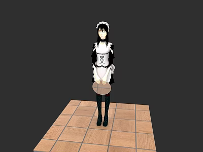 Woman in Black and White Maid Outfit Standing on Square Tiled Platform 3d model