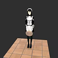 Woman in Black and White Maid Outfit Standing on Square Tiled Platform