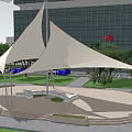 Outdoor Plaza With White Membrane Canopy Modern Building Trees And Red Flag