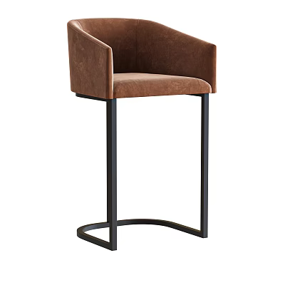 Brown Velvet Bar Stool With Armrests And Black Metal Frame Design 3d model