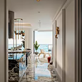 Modern Dining and Living Room Interior With Red Sofa Abstract Painting Pendant Lights And Chairs