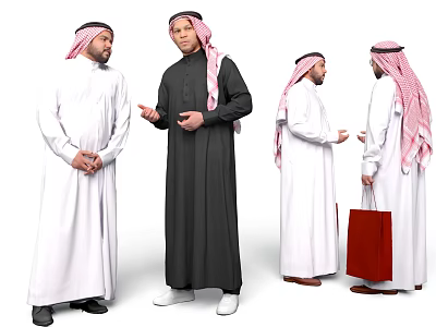 Group of Middle Eastern Men In Traditional Robes With Headscarves Talking And Holding Red Bag 3d model