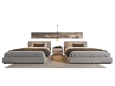 Modern Single Beds Bedroom Interior With Wall Art Nightstand And Pendant Light 3d model