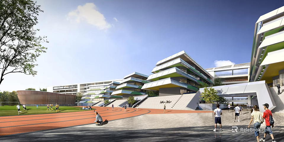 Modern School Building with Multi Level Structure Green Roof Elements Track Field and Students Playing 3d model 