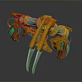 Futuristic Mechanical Claw Weapon with Golden Body Green Glowing Parts Red Details and Silver Spikes