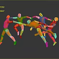 Orange Human Figures Holding Hands In Circle With Leaping Poses On Gray Reflective Floor
