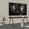 Modern TV On Wooden Stand In Living Room With Decorative Vase And Bookshelf