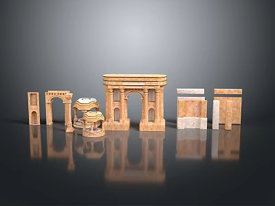 Beige Ornamental Stone Components With Arches Columns Bases On Black Background 3d model