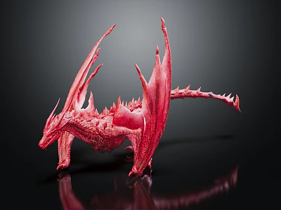 Detailed Red Dragon Sculpture With Intricate Wings On Reflective Black Surface 3d model