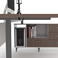 Office Desk With Brown Desktop White Drawers Apple iMac Black Lamp Stationery And Plant