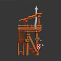 Orange Watchtower With Sloped Roof White Spire Red Ladder Ropes Circular Sign And Support Posts