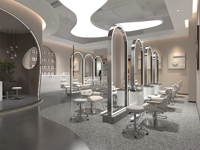Modern Beauty Salon Interior Design With Arched Mirrors And Stylish Chairs 3d model