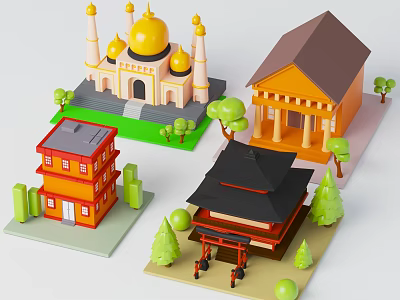 Cartoon Scenery With Various Styled Buildings Golden Domes Minarets Columns Asian Roof And Green Trees 3d model