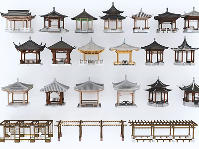 Traditional Chinese Garden Pavilions with Diverse Rooftop Styles and Classic Structures 3d model