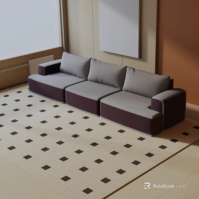 Modern Three-Seater Sofa With Gray Cushions Purple Armrests On Cream And Black Checkered Rug 3d model 