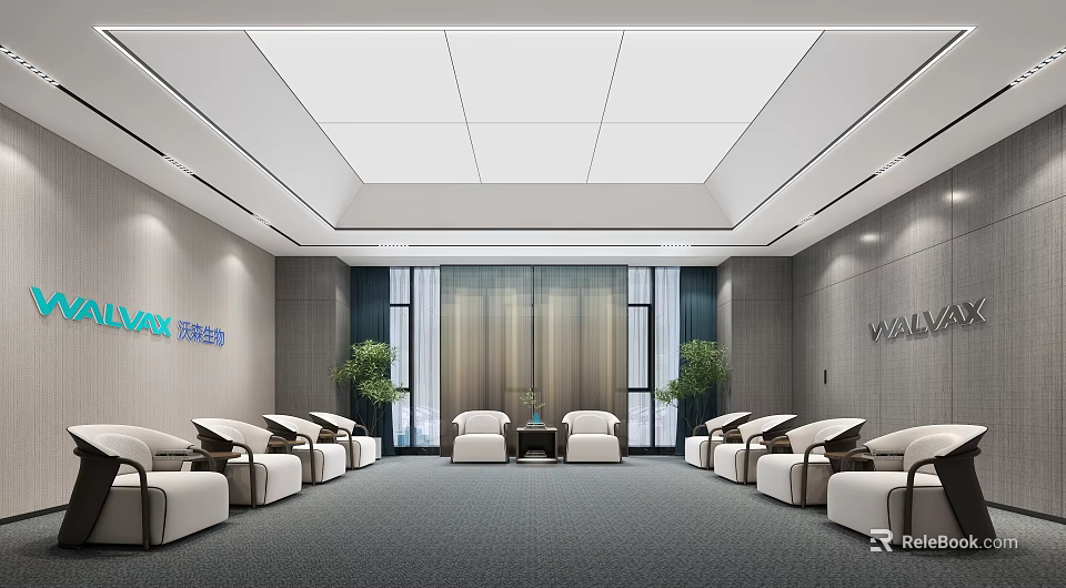 Modern Reception Room Interior Design With White Chairs Sofa Coffee Table Plants And Minimalist Walls 3d model 