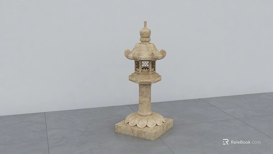 Traditional Stone Outdoor Lantern With Ornate Top And Lotus Base For Garden Patio 3d model 