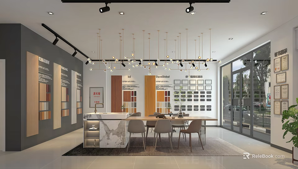 Modern Restaurant Interior With Marble Island Material Display Walls And Hanging Pendant Lights 3d model 