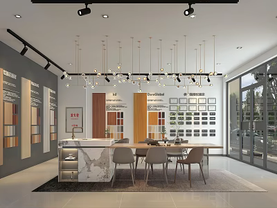 Modern Restaurant Interior With Marble Island Material Display Walls And Hanging Pendant Lights 3d model