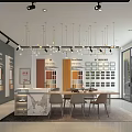Modern Restaurant Interior With Marble Island Material Display Walls And Hanging Pendant Lights