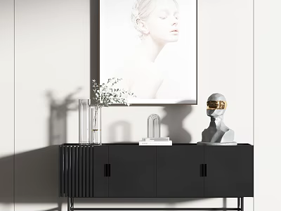 Modern Black Sideboard Interior With Wall Art Vase And Sculpture Decorations 3d model