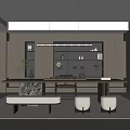 Modern Tea Room Interior With Open Concept Long Table Pendant Lights Bookshelves And Decorative Paintings
