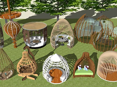 Outdoor Pergolas with Various Woven Circular and Oval Wooden Structures on Green Lawn with Trees 3d model