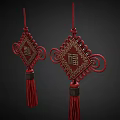 Red Chinese Knot Pendant Featuring Fu and Xi Characters with Hanging Tassels and Gold Accents