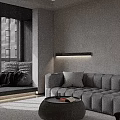 Modern Living Dining Room Interior With Gray Sofa TV Floor to Ceiling Windows And Lighting