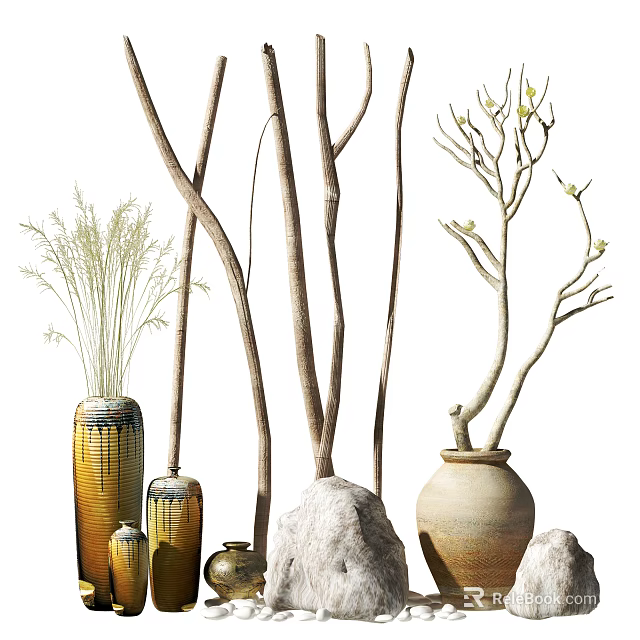 Natural Decorative Ornament Set With Branches Ceramic Vases Stones And Grasses 3d model 