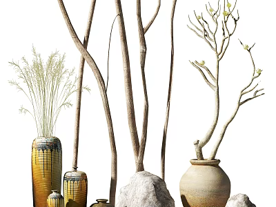 Natural Decorative Ornament Set With Branches Ceramic Vases Stones And Grasses 3d model