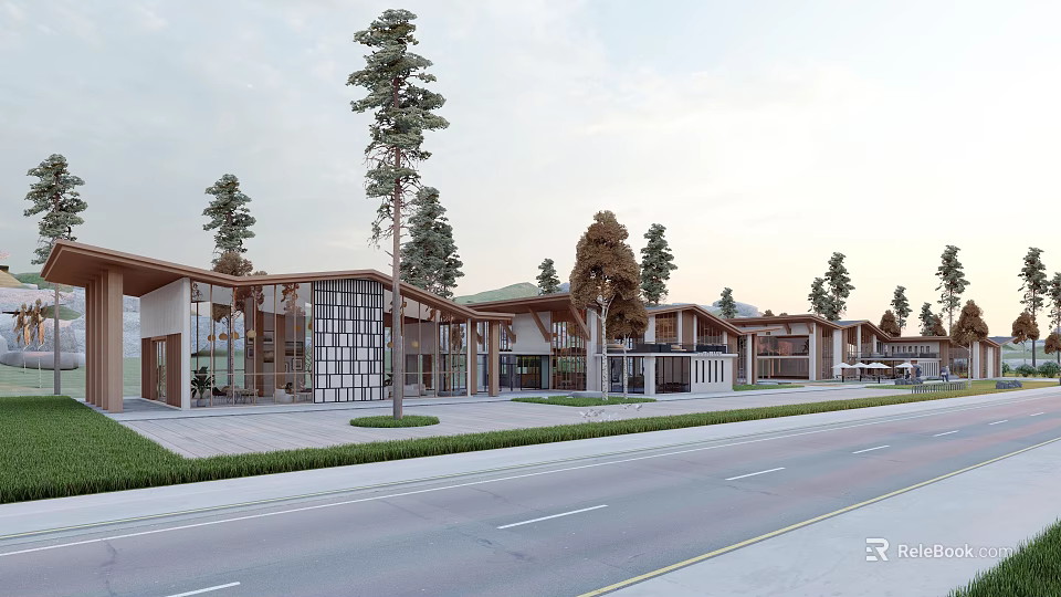 Modern Visitor Center Featuring Wooden Glass Facade and Lush Trees Along Road 3d model 