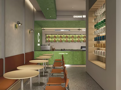 Modern Milk Tea Shop Interior With Green Counter Round Tables And Brown Chairs 3d model