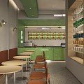 Modern Milk Tea Shop Interior With Green Counter Round Tables And Brown Chairs