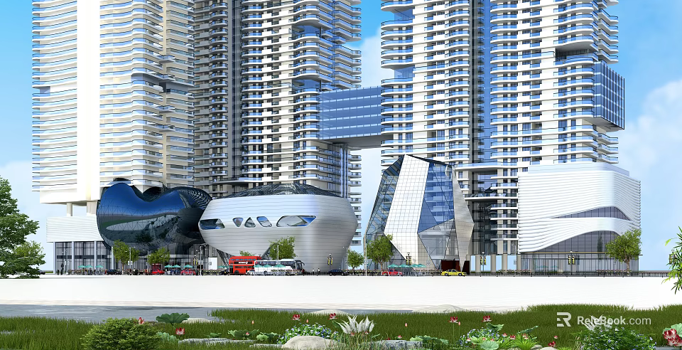 Modern Commercial Street With High Rise Buildings Glass Facades Shops Vehicles And Green Spaces 3d model 