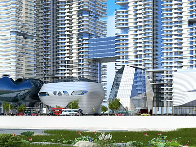 Modern Commercial Street With High Rise Buildings Glass Facades Shops Vehicles And Green Spaces 3d model