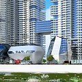 Modern Commercial Street With High Rise Buildings Glass Facades Shops Vehicles And Green Spaces