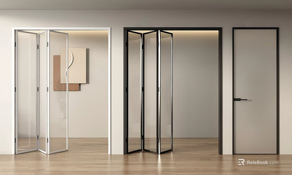 Modern Glass Folding Doors In Stylish Interior With White And Black Frames 3d model 