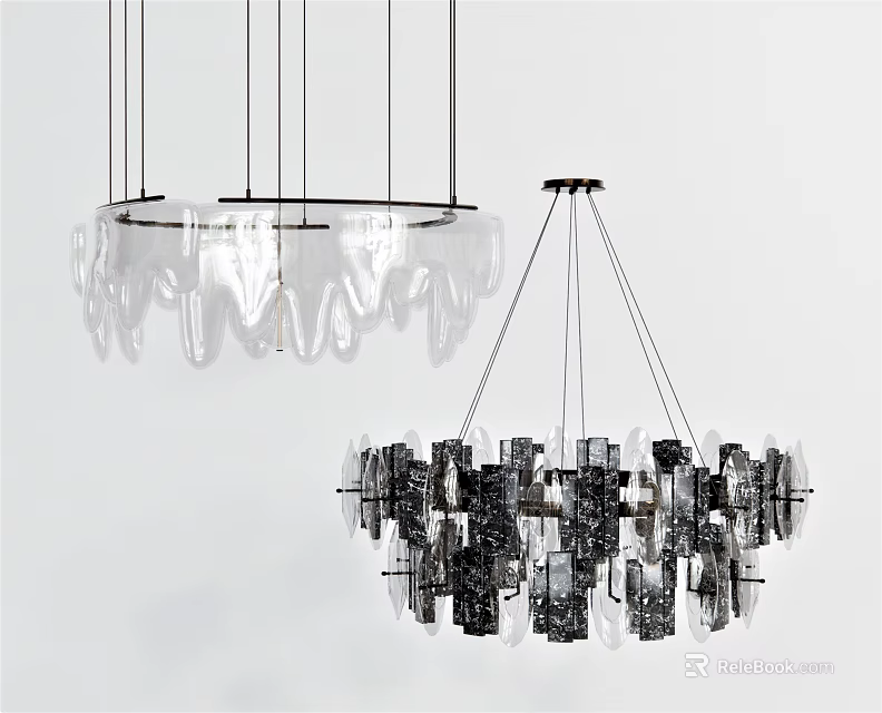 Modern Transparent and Black Multi Piece Chandeliers with Geometric Design for Interior Decor 3d model 