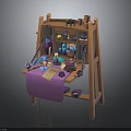 Rustic Wooden Craft Workbench with Shelves Tools and Purple Cloth Supplies
