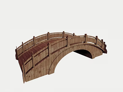 Traditional Wooden Arch Landscape Bridge With Classic Railings And Natural Structure 3d model