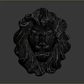 Detailed Dark Lion Head Sculpture With Curly Mane And Gray Gradient Background