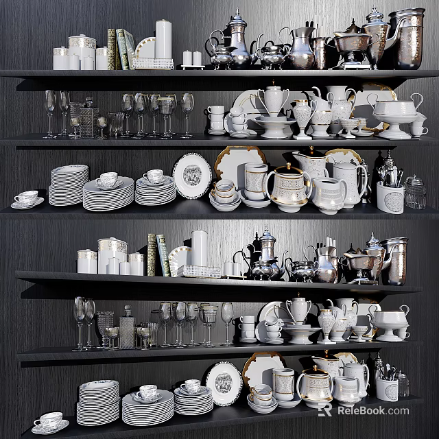 Elegant Ceramic Dinnerware Set With Plates Cups Bowls And Kitchen Shelf 3d model 