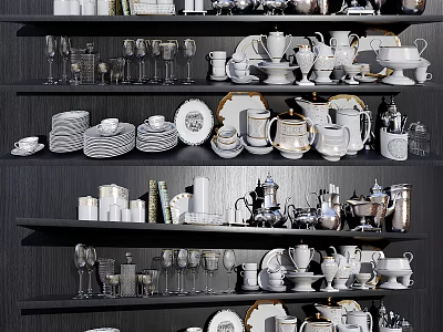 Elegant Ceramic Dinnerware Set With Plates Cups Bowls And Kitchen Shelf 3d model